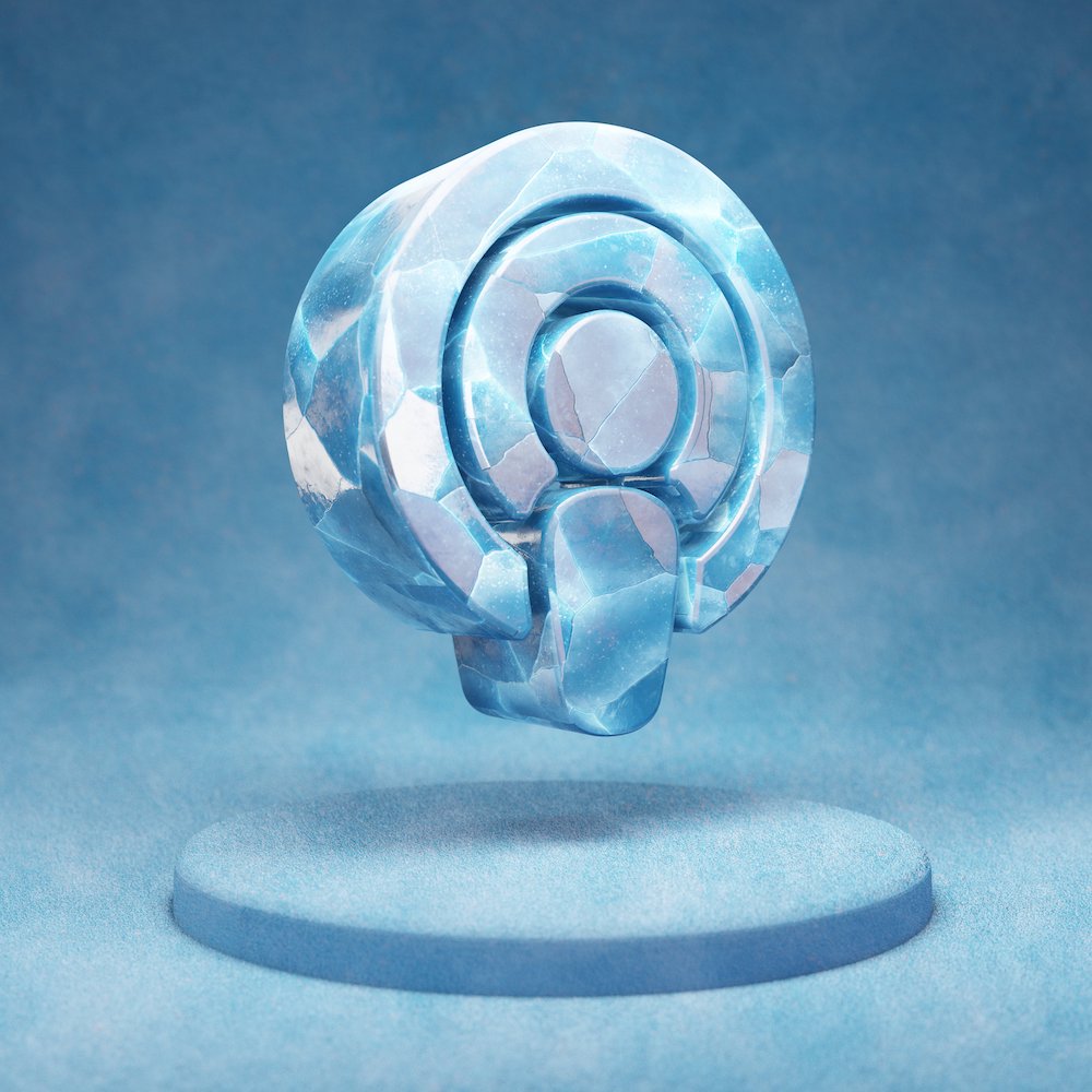 Podcast icon. Cracked blue Ice Podcast symbol on blue snow podium. Social Media Icon for website, presentation, design template element. 3D render.